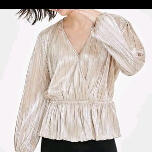 Metallic Gold Pleated Peplum Blouse with V-Neck